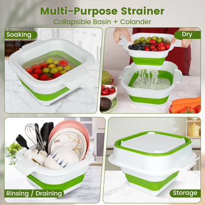 ROTTOGOON Collapsible Colander Set with Strainer Bowl, 2 in 1 Fruit Washing Basket with Strainer, 5 + 3 QT Plastic Colanders for Kitchen, Foldable Double Layered Colanders Bowl for Vegetable, Grey