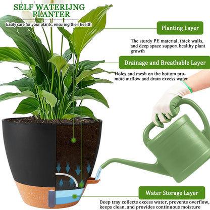 Fielda 8/10/12 Inch Self Watering Pots for Indoor/Outdoor Plants - Large Plastic Planter with Drainage Holes, Water Level Indicator & Deep Reservoir, Modern Decorative Flower Pots (Black)