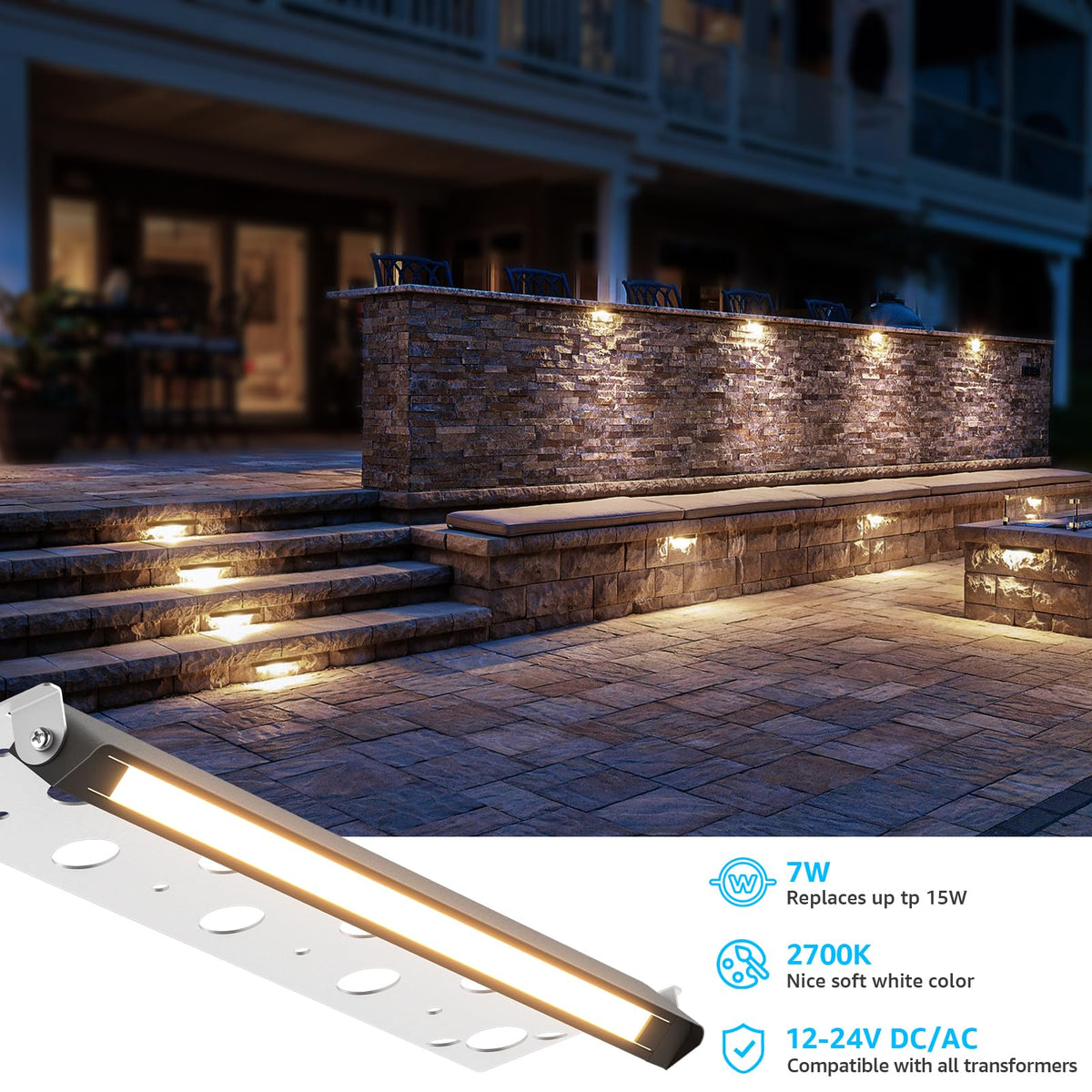 SUNVIE LED Hardscape Lighting, 12 Inch, 7W, Waterproof, 2700K Soft White, Matte Black, Model CLWF0712C, 12 Pack