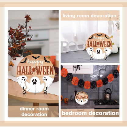 Seclate Halloween Desk Decorations for Home, Spider Wooden Table Centerpieces for Office Living Room Shelf Decor, Bat Ghost Gifts for Women Friends - E09