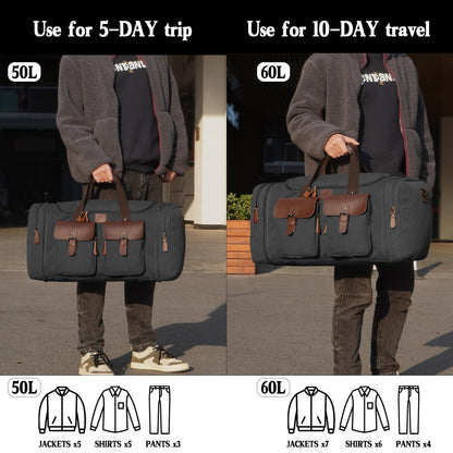 Densata Canvas Duffle Bag for Men 50L Travel Duffel Bags Expandable Genuine Leather Overnight Weekender Carry On Bag Two Zipper Pockets Travel Bag (Black, Large-50L)