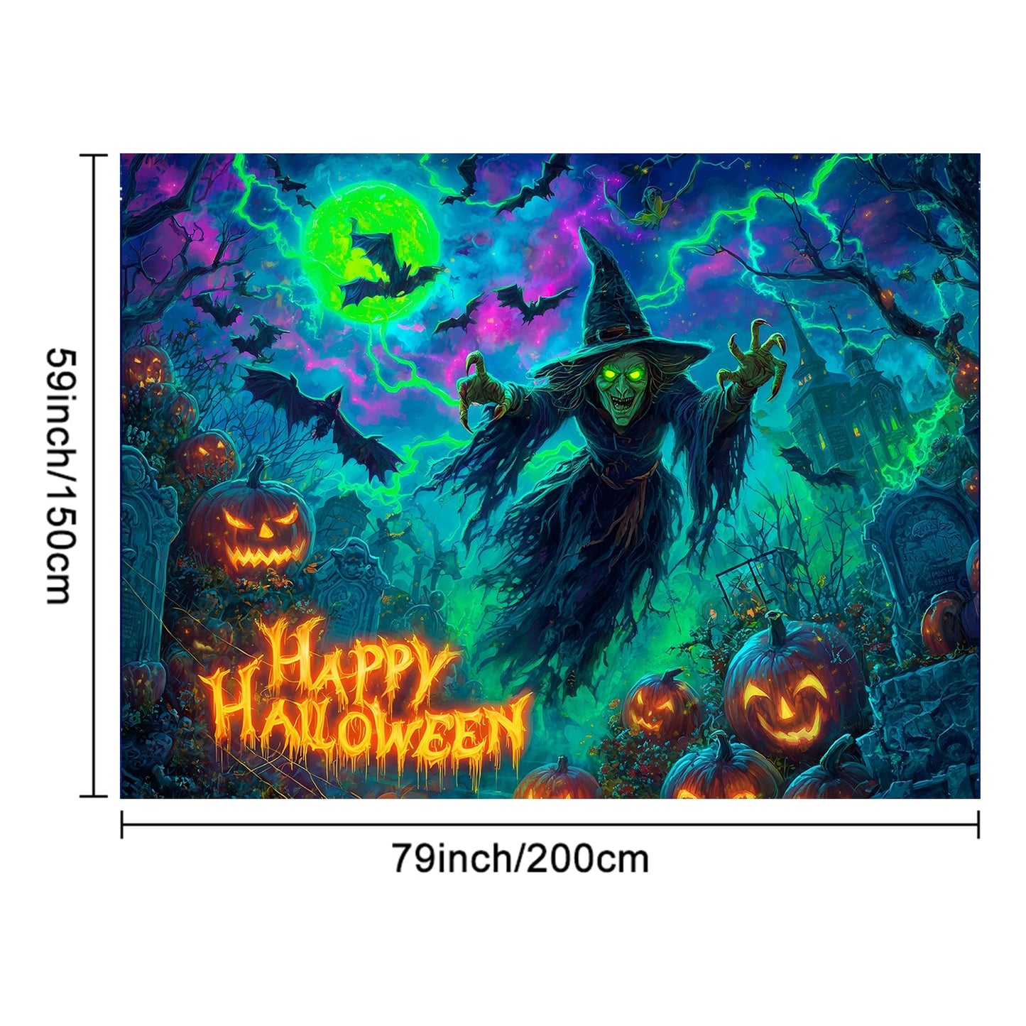BlissYard Happy Halloween Blacklight Tapestry Neon Glow in the Dark Witch Pumpkin Bat UV Reactive Horror Wall Hanging for Bedroom Living Room Dorm Gothic Party Decor 78x59 Inch