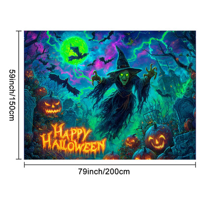 BlissYard Happy Halloween Blacklight Tapestry Neon Glow in the Dark Witch Pumpkin Bat UV Reactive Horror Wall Hanging for Bedroom Living Room Dorm Gothic Party Decor 78x59 Inch