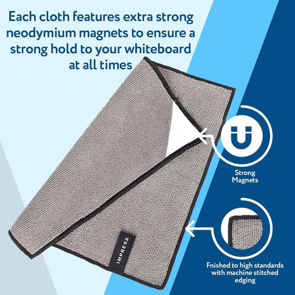 Impresa Magnetic Microfiber Dry Erase Cloth Erasers - 10 in x 10 in, 4-Pack, White, Reusable & Washable - Strong Magnet Grip for Whiteboards & More - Teacher Supplies & Classroom Must Haves