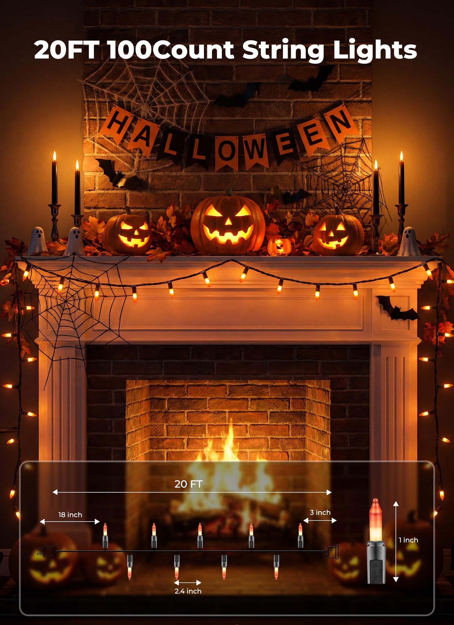 Minetom 100-count 25Ft.Yellow & Orange Candy Corn Incandescent Mini Halloween String Lights for Outdoor & Indoor Halloween Decoration, Waterproof & Connectable
