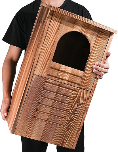 Screech Barred Owl House, 25" Extra Large Owl Bird Box Handmade Wooden Circular Opening for Outside with Mounting Screws and A Bag of Wood Shavings, Easy Assembly Required (Brown, 14"x25")