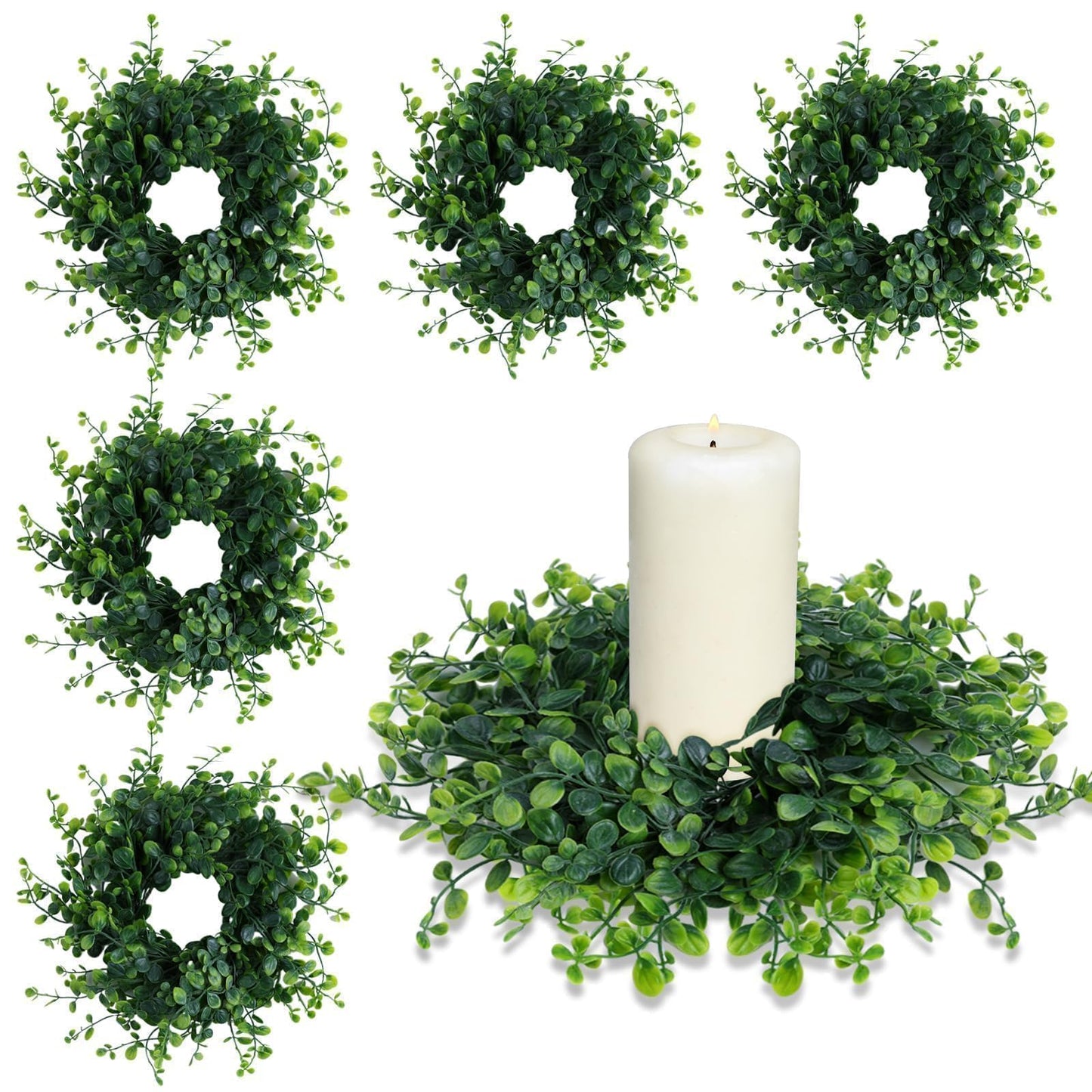 Mini Green Boxwood Candle Rings Wreaths Spring Summer Kitchen Cabinet Swags Wreath 3 Inch Wedding Rings Wreaths Pillar Candle Holder for Wedding Home Door Tabletop Decor