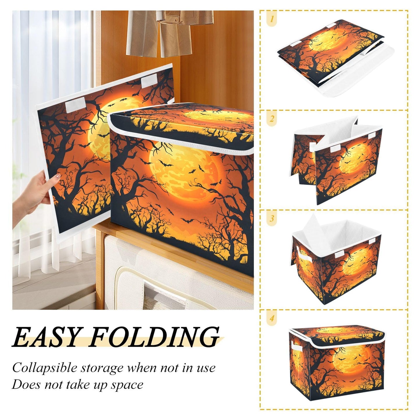 Bolaz Storage Bins with Lids and Handles,Halloween Moon Tree Storage Box Basket with Cover Collapsible Organizer Containers for Home Closet, Shelves