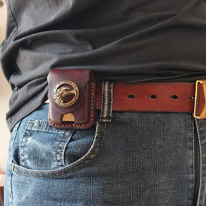 Gucaibu Leather Lighter Case, Dark Brown Western Style with Bronze Eagle Medallion, Handcrafted Holder