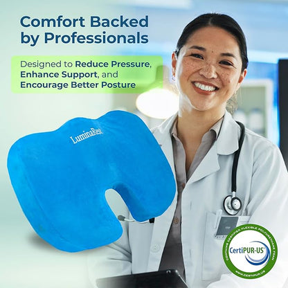 LuminaRest® Gel Seat Cushion for Long Sitting | Premium CertiPUR-US® Certified Memory Foam | Ergonomic Office Chair Cushion for Tailbone & Coccyx Pain Relief, Sciatica & Back Support – (Blue)