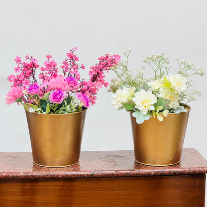 Hosley Set of 2 Gold Bucket/Pots with PVC Liner, 6.5" Dia x 6" H Ideal Gift for Floral Arrangements Wedding Home Office Party DIY Indoor Outdoor Garden Patio