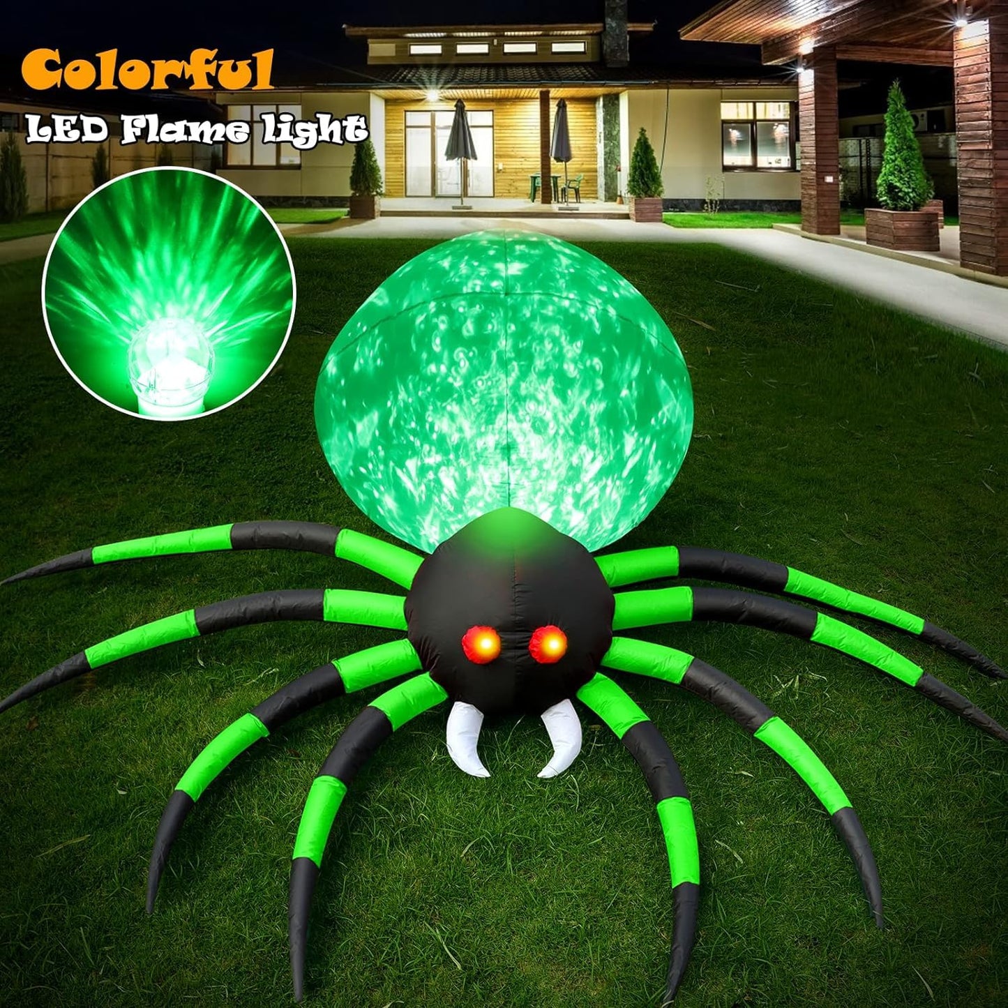 8 FT Halloween Inflatables Spider Outdoor Decorations for Yard, Giant Blow up Green Spider with Rotating Fire Flame Light, Large Spooky Spider Props for Halloween Party Garden Lawn House Holiday Decor