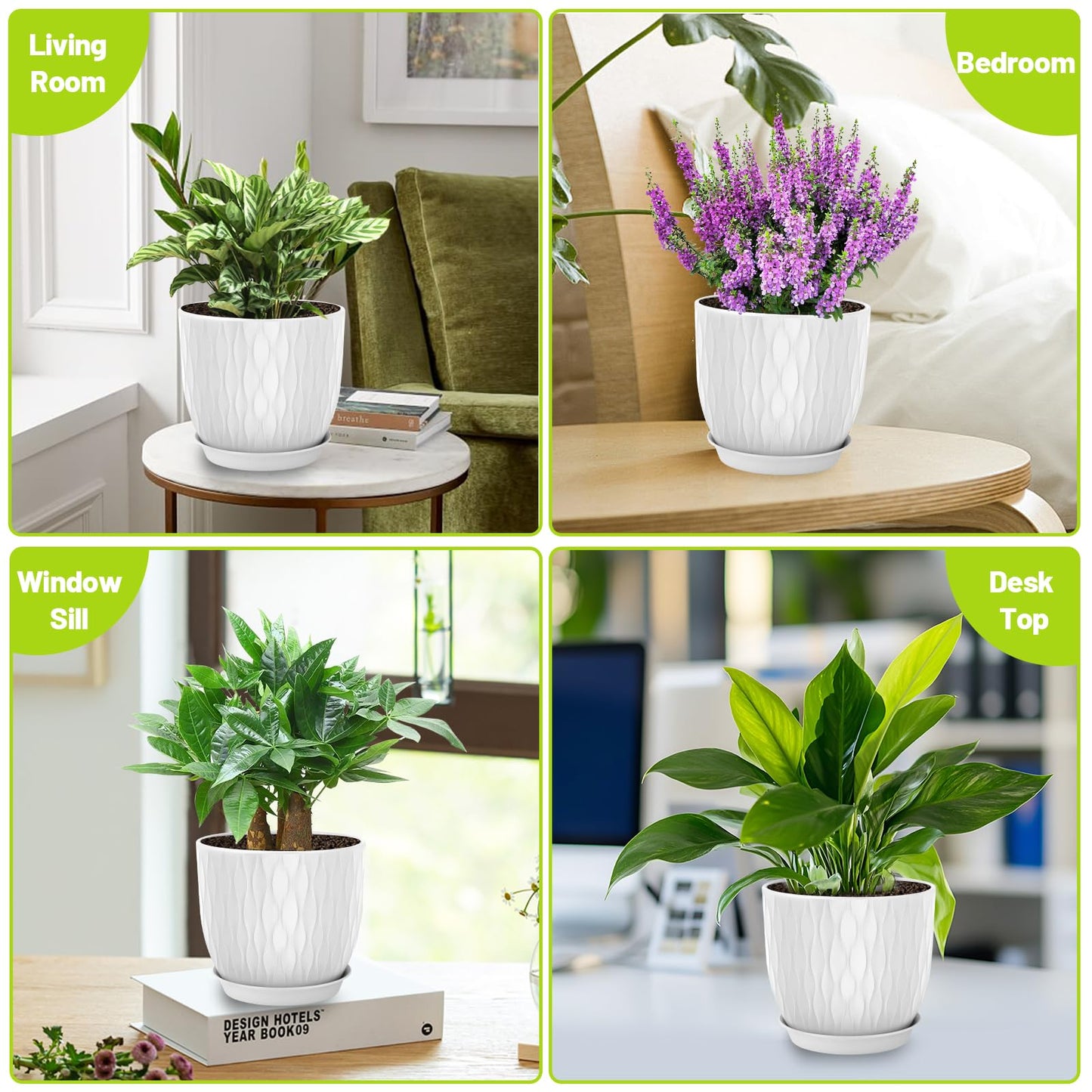 LESOASIS Plastic Plant Pots 10/9/8/7.5/7 inch Set of 5, Flower Planters with Drainage Holes and Saucers, Plastic Pots for Indoor Outdoor Plants, Livingroom Garden Decor (White)