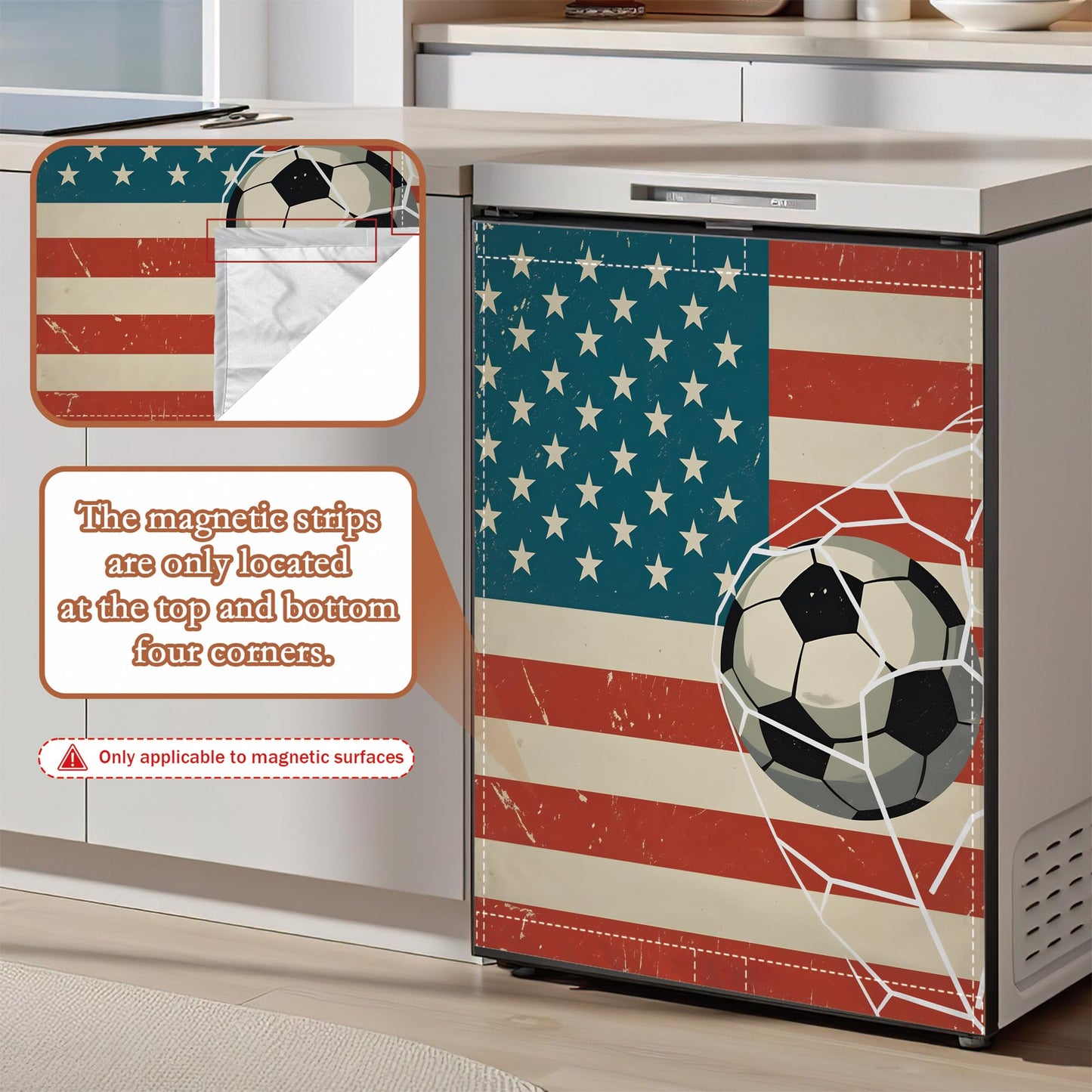 Dishwasher Magnet Cover American Soccer Flag Refrigerator Magnet Patriotic Sports Ball Decorative Dishwasher Panel for Kitchen Appliance Decor Reusable Waterproof 23x26 Inch
