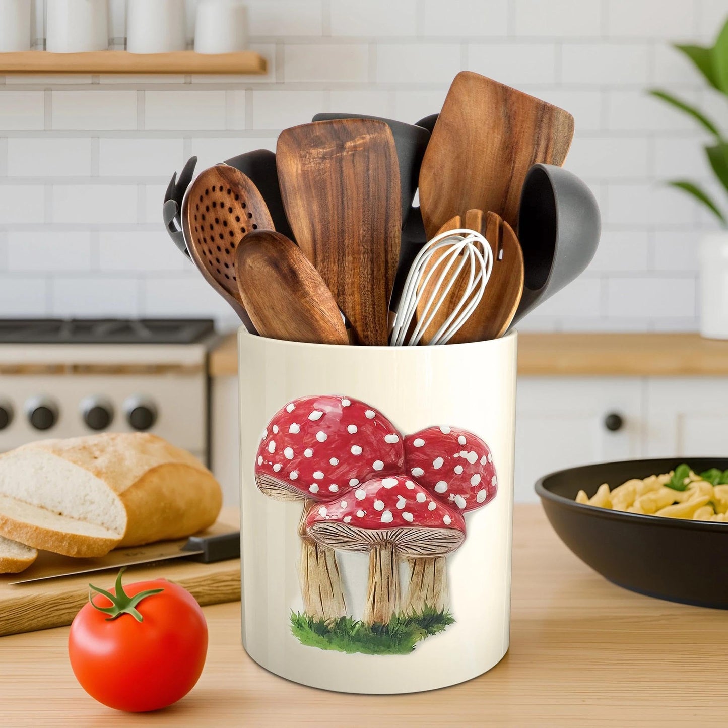 Hexagram Mushroom Decor Utensil Holder, Mushroom Kitchen Decor Embossed Ceramic Utensil Holder for Farmhouse Indoor Kitchen Decorations Rustic Farmhouse