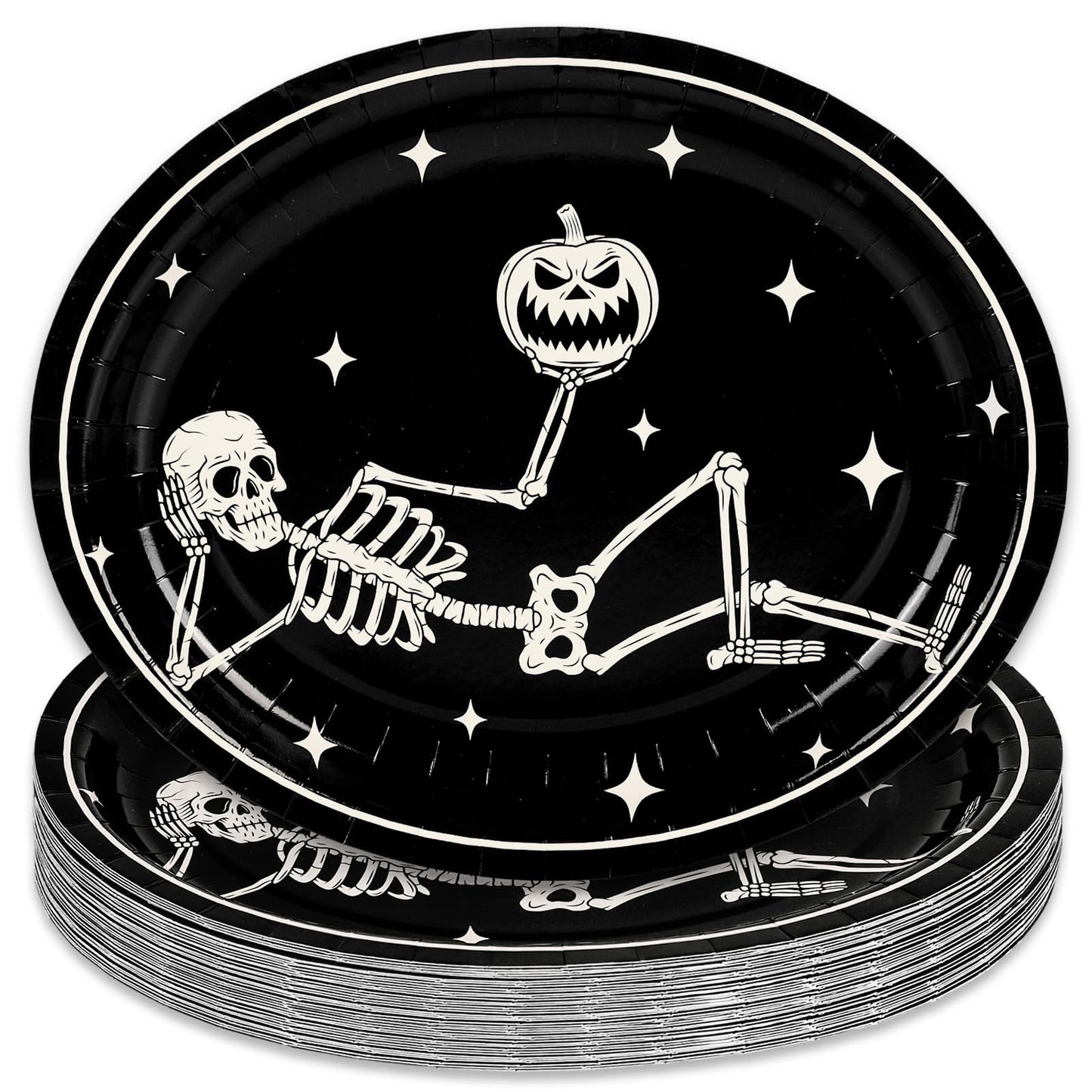JarThenaAMCS 50Pcs Halloween Oval Paper Plates 10" x 12" Large Black White Skeleton Pumpkin Disposable Plates Spooky Platters for Halloween Holiday Party Tableware Supplies