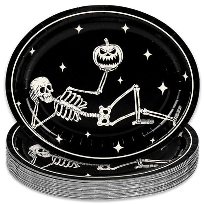 JarThenaAMCS 50Pcs Halloween Oval Paper Plates 10" x 12" Large Black White Skeleton Pumpkin Disposable Plates Spooky Platters for Halloween Holiday Party Tableware Supplies