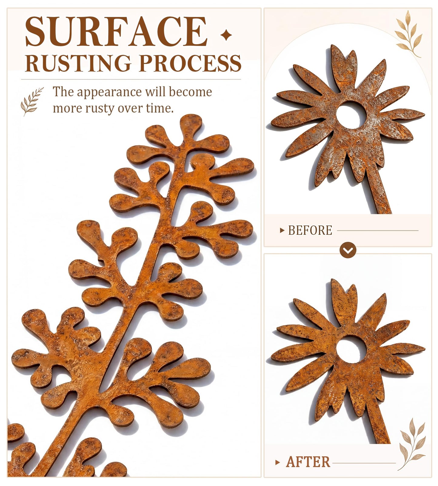 VIS'V Metal Decorative Garden Stakes, 15.7 Inch Rusty Flower Plant Yard Art Stakes for Outdoor Indoor Decor, 5 Pcs