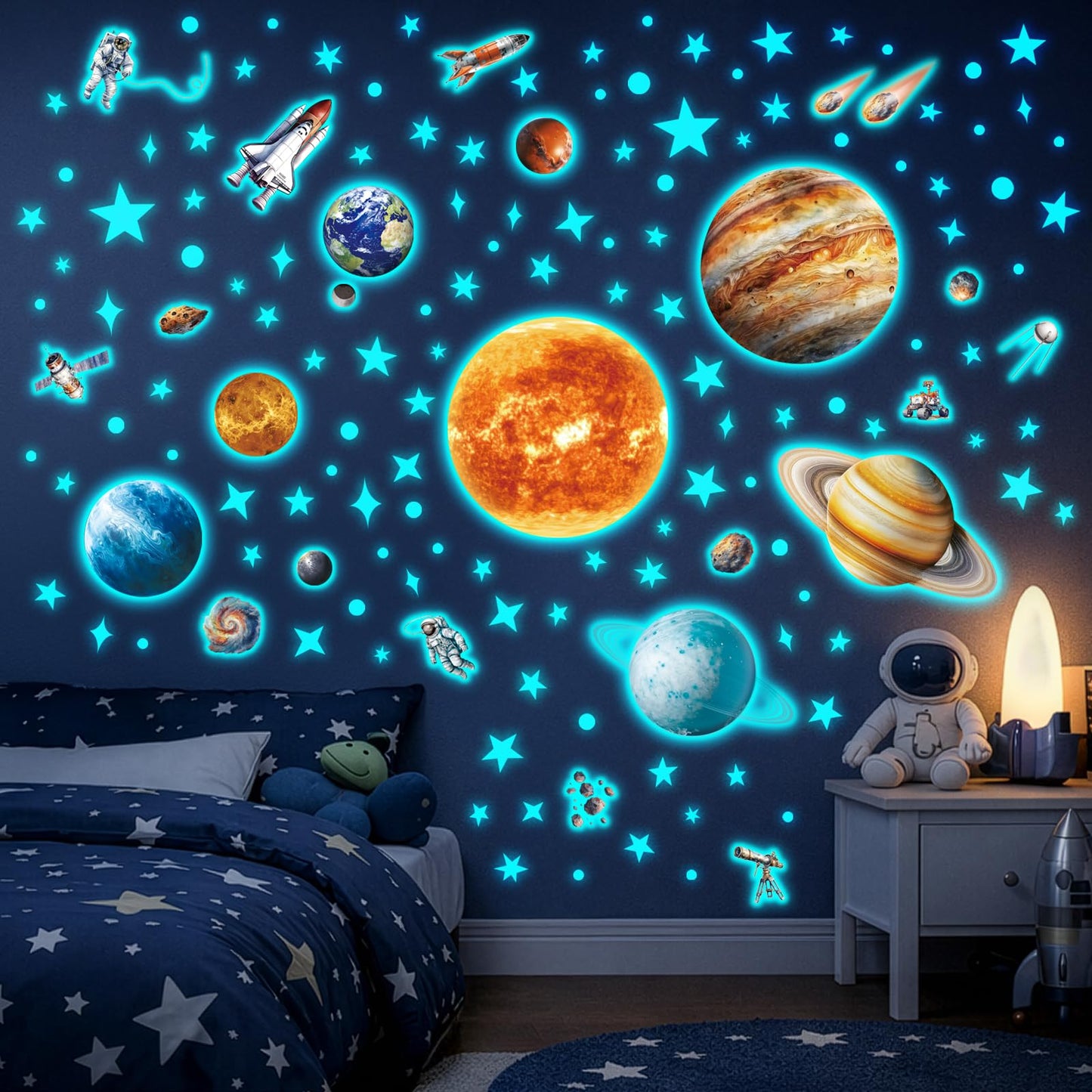 DECOWALL Glow in the Dark Solar System Wall Stickers – Planets, Sun, Moon and Stars Space Glow Wall Decals for Kids Bedroom Nursery Playroom Decor (GDS8-7002)