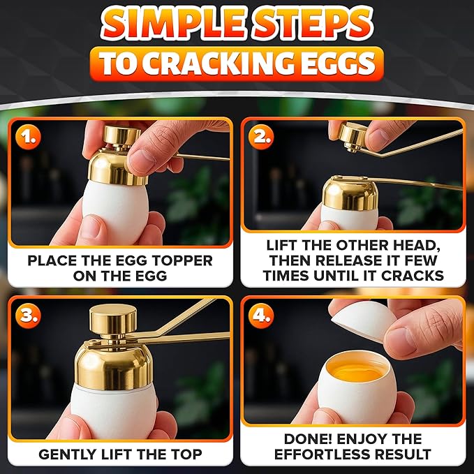 Egg Cracker Tool for Raw Eggs — Egg Shell Opener for Soft-Boiled Shell Tops, Stainless Steel Topper with Ergonomic Adjustable Effort — Clean Cut Design for Breakfast Prep, Custards, and Baking (Gold)