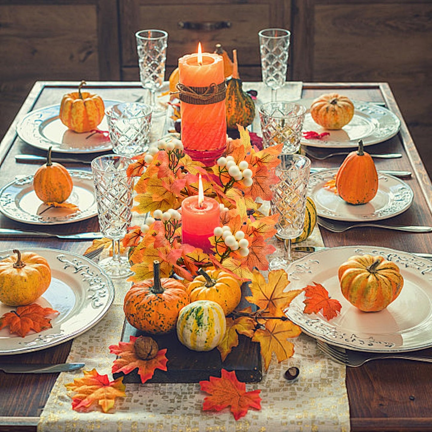 Bacucine 4Pcs Fall Wreaths Small Candle Rings with Maple Leaves Fall Candle Holders Artificial Flower Wreath for Wedding Farmhouse Door Home Table Home Decor