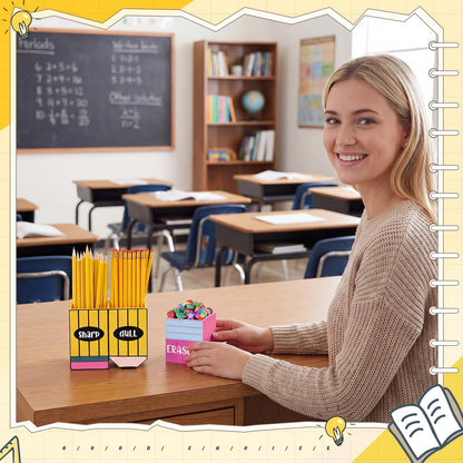 Eaasty Pencil Shaped and Sharp Dull Holder Eraser Wooden Dispenser Pencil Storage 3 Compartments for Back to School Teachers Classroom Organization(2 Pack,Simple)