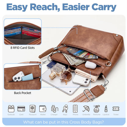 Fiiuos Anti Theft Crossbody Purse for Women RFID Crossbody Bags for Travel, Vegan Leather Cross Body Bag with Built-in Wallet for Work & Daily Use, Hands-Free Shoulder Purse with Tassel Brown