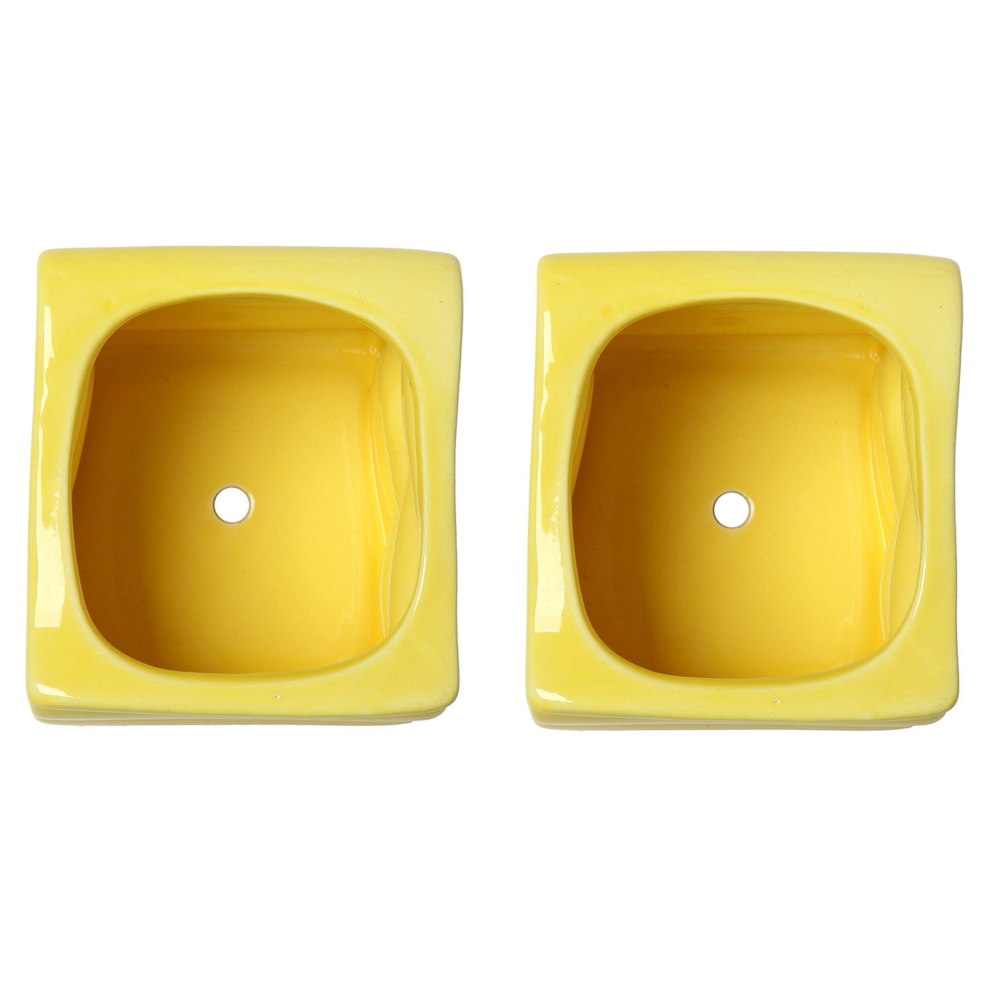 MyGift 4-Inch Yellow Ceramic Mini Succulent Plant Pot, Modern Decorative Planters with Candy Ribbon Design, Set of 2
