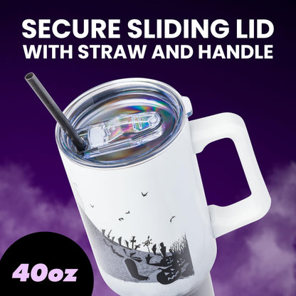 Silver Buffalo Disney Nightmare Before Christmas by Tim Burton Jack Skellington Hill and Moon Double Walled Stainless Steel Tumbler with Handle and Straw, Fits in Standard Cup Holder, 40 Ounces
