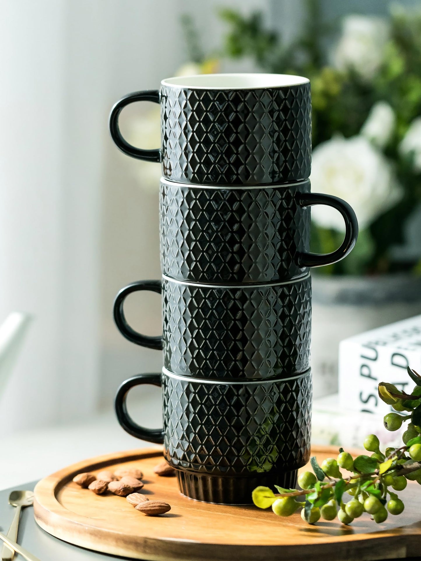 LYEOBOH Stackable Coffee Mugs Set of 4 with Rack & Spoons Coffee Mug Set 13 OZ., Ceramic Embossed Grinding Demitasse Cups Set Cappuccino Cup Halloween for Coffee, Latte, Macchiato, Espresso, Black
