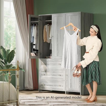 VOWNER Armoire Wardrobe Closet with Drawers and Mirror, 71" Clothing Storage Cabinet with Hanging Rod, 4 Doors Wooden Wardrobe Cabinet for Bedroom, Large Capacity Storage (1, Gray Oak)