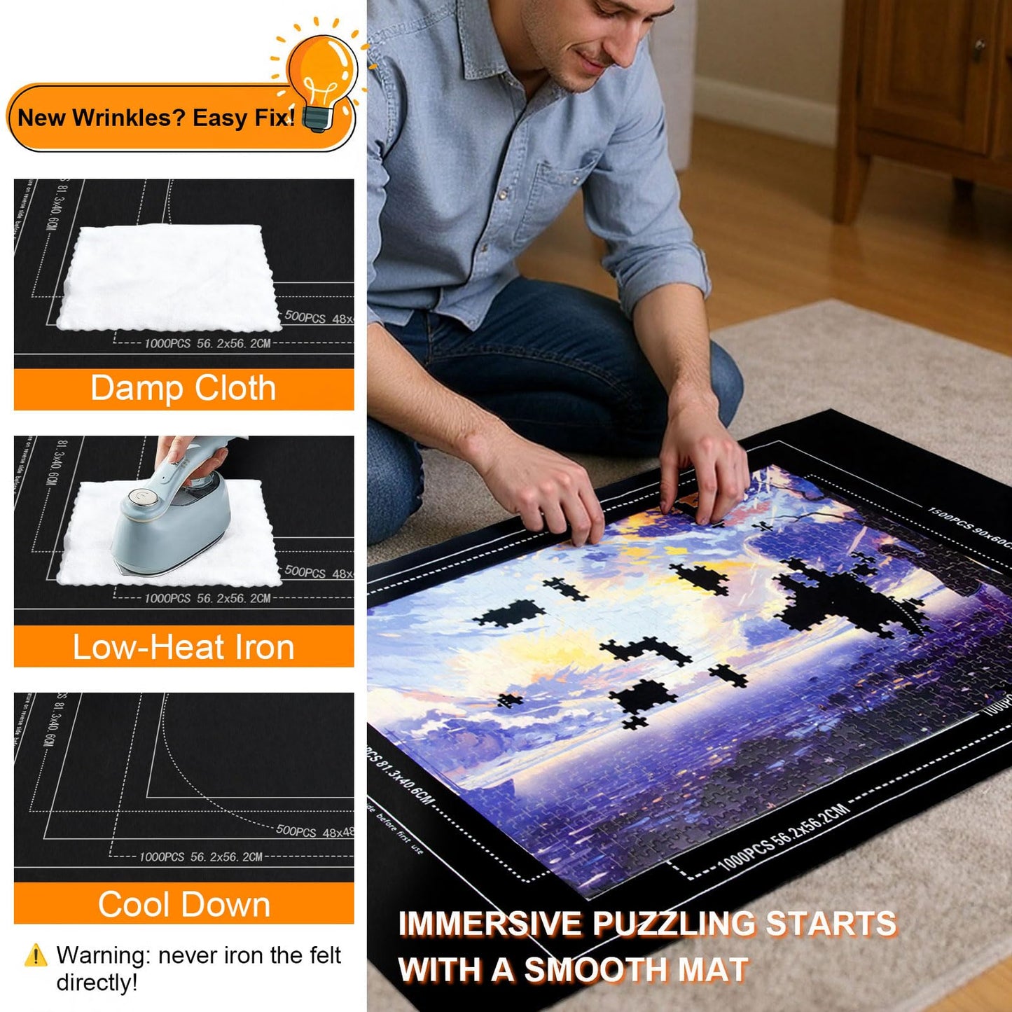 GOECI Portable Puzzle Mat Roll Up Set with 8 Sorting Trays, Pump & Storage Bag - Felt Puzzle Board Saver Keeper for 500, 1000, 1500 Piece Jigsaw Puzzles - Large Puzzle Mat for Adults & Kids