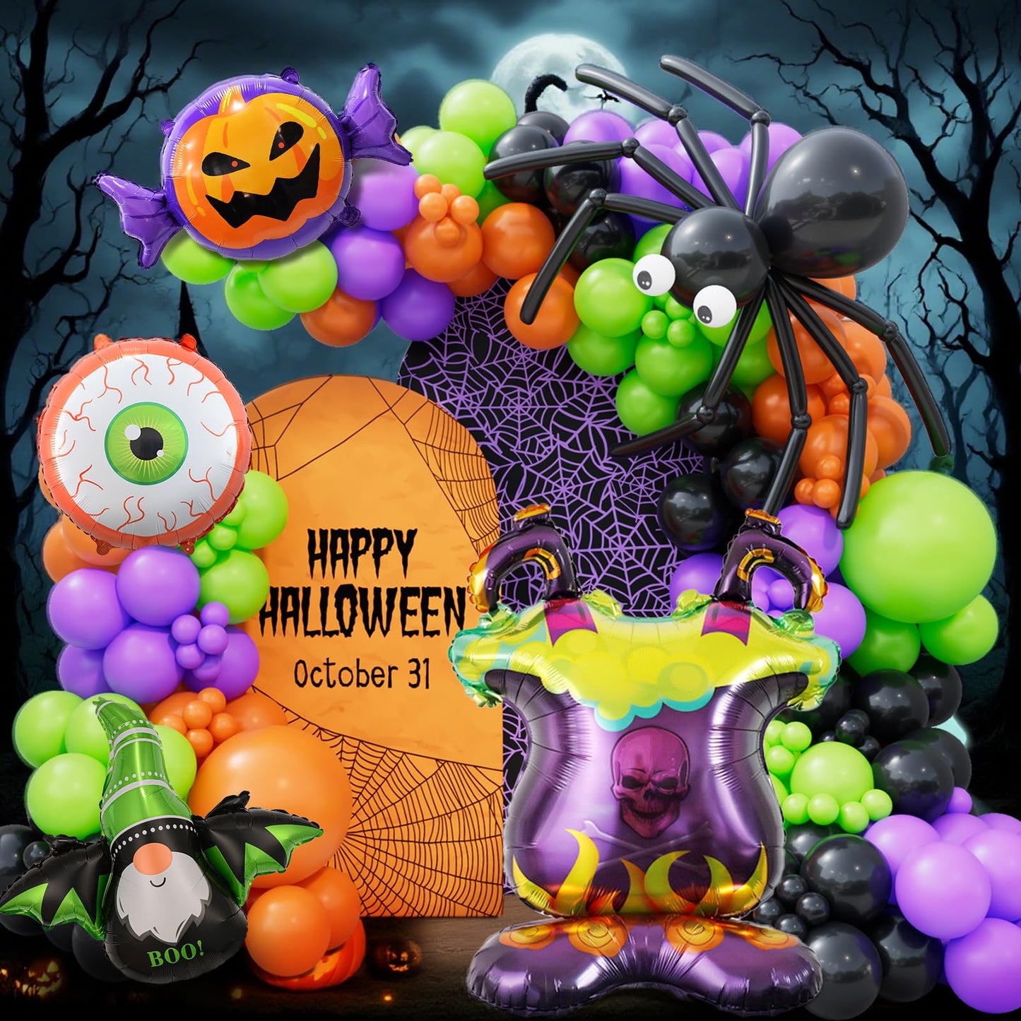Bonropin Halloween Balloon Garland Arch kit with Black Orange Green Purple Spider Balloons Halloween Furnace Pumpkin Bat Eye Foil Balloons for Haloween Theme Party Background Classroom Decorations