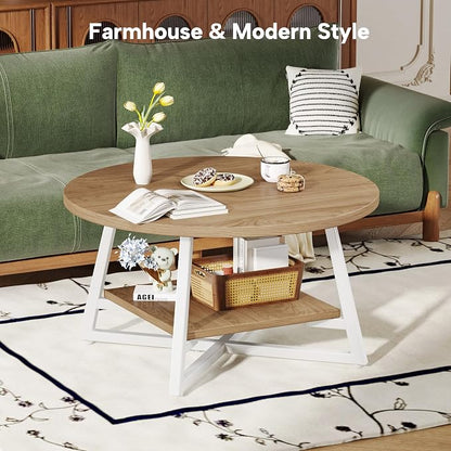 Coffee Table for Living Room, Round Coffee Table, Small Circle Coffee Table with Storage, Modern Wood Round Center Table for Home Office, Small Space, Easy Assembly, Light Coffee