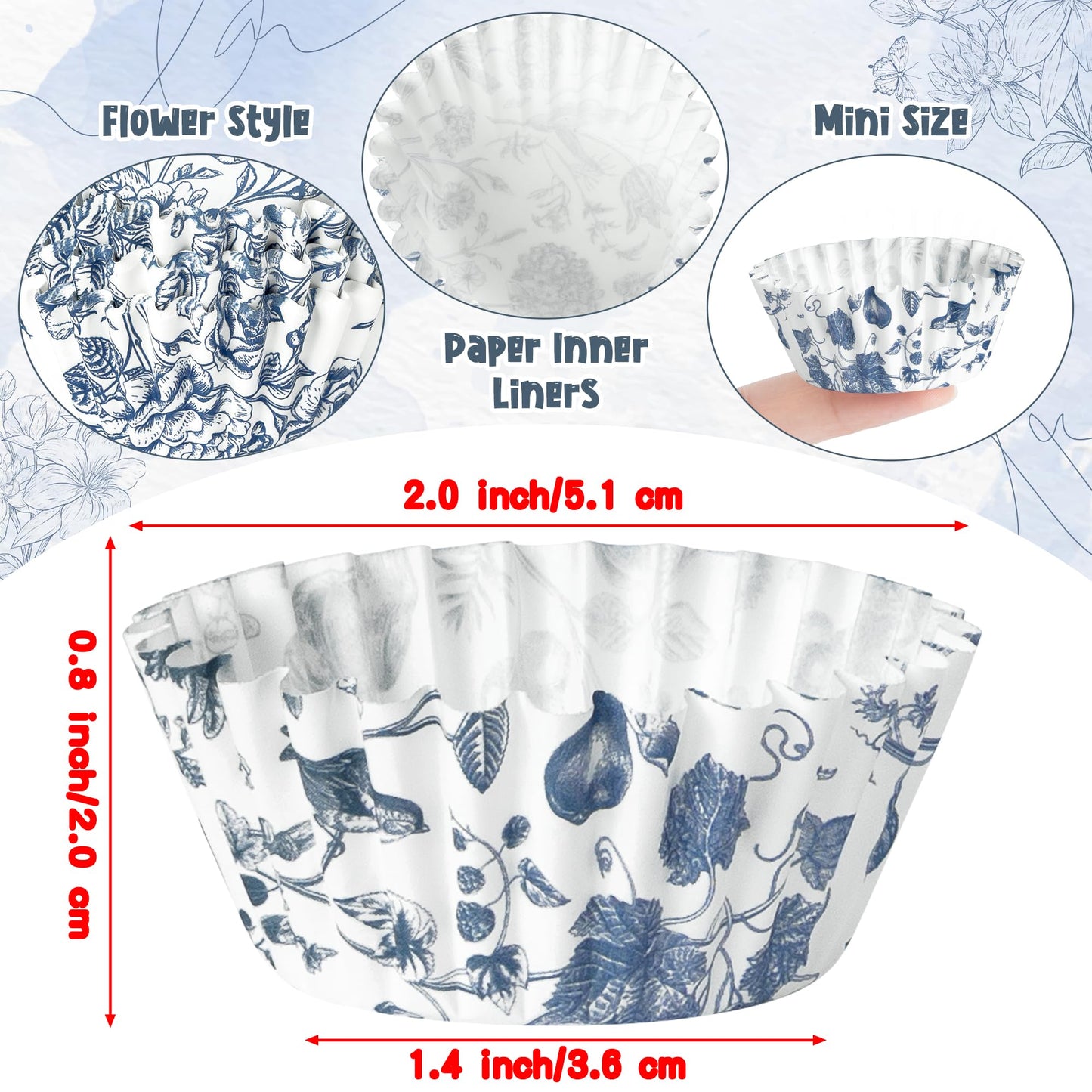 COcnny Flower Mini Cupcake Liners - 600pcs Blue and White Floral Baking Cups Muffin Paper Cupcakes Wrappers for Birthday, Candy Cake Chocolate Wrap Making Supplies for Baby Shower Birthday (10 Styles)