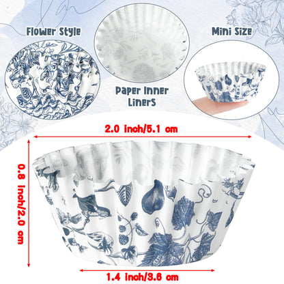 COcnny Flower Mini Cupcake Liners - 600pcs Blue and White Floral Baking Cups Muffin Paper Cupcakes Wrappers for Birthday, Candy Cake Chocolate Wrap Making Supplies for Baby Shower Birthday (10 Styles)