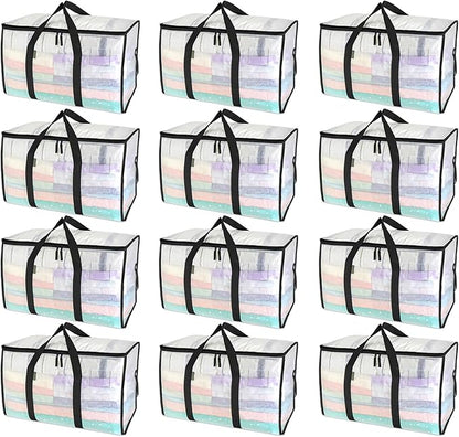 BALEINE 12-Pack Oversized Moving Bags with Reinforced Handles, Heavy-Duty Storage Tote for Clothes, Moving Supplies (Clear, 12-Pack)