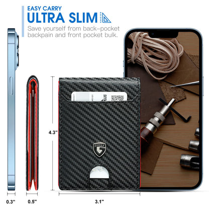 GSOIAX Slim Wallet for Men RFID Blocking Bifold Wallet Carbon Fiber Front Pocket Wallet with 11 Card Holder Minimalist Mens Wallet with Gift Box(Carbon Black and Red)