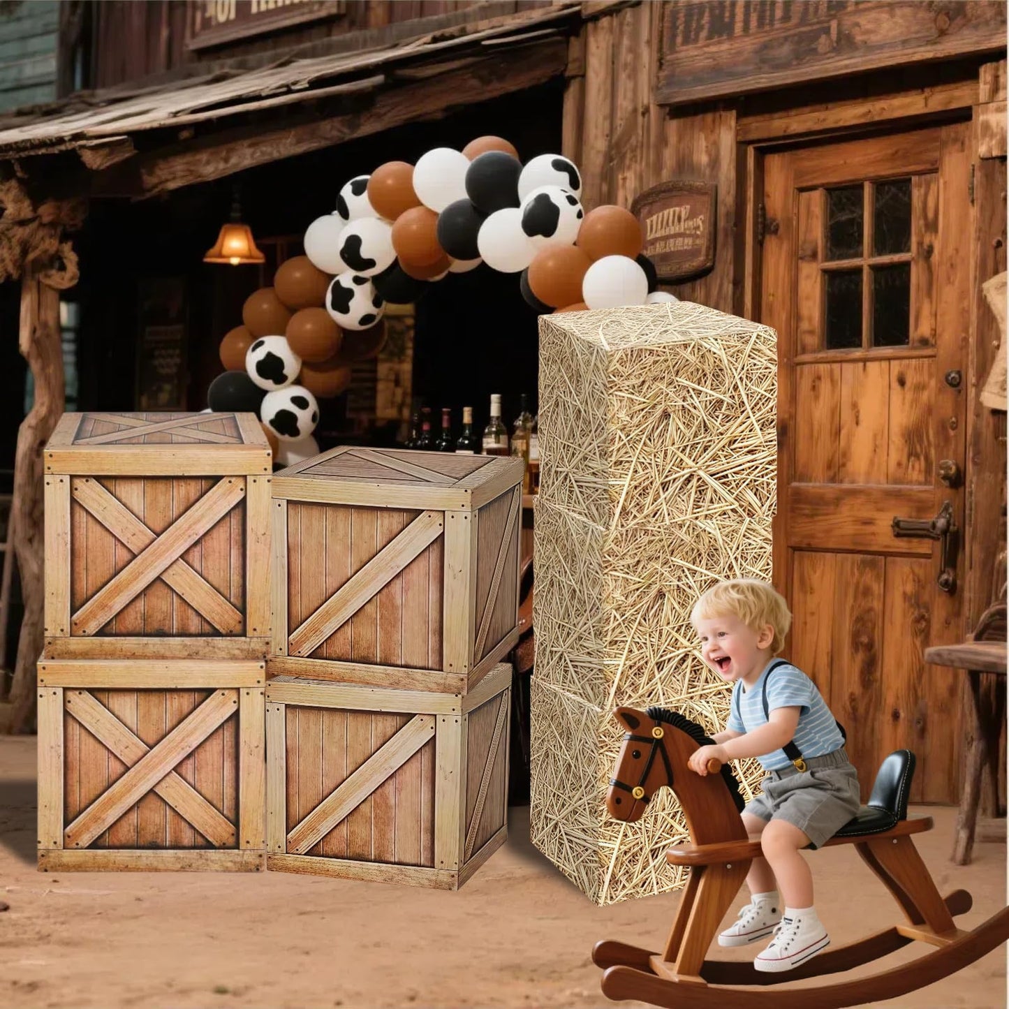 Zeivvnef 7 Pcs Hay Bales Cardboard Boxes Set Western Cowboy Party Decorations - Pirate Party Decorations, Western Wooden Grain Boxes, Fake Hay Photo Booth Props Straw Boxes for Fall Harvest Halloween