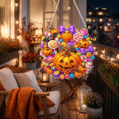 Eiflow Diamond Art Hanging Kit for Adults Candy Pumpkin, DIY Diamonds Pearl Painting Door Hanger Board Kit, Special Crystal Diamond Art Painting Pendant Ornament (Halloween Wreath)