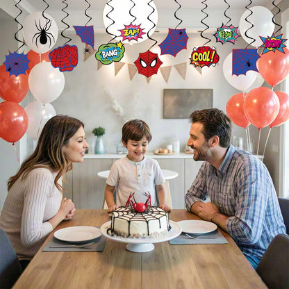 Spider Birthday Decorations Heros Party Decor, Assembled and Ready to Use, Spider Web Theme Party Hanging Swrils 24pcs Party Streamers Kids Birthday Party Decor Supplies