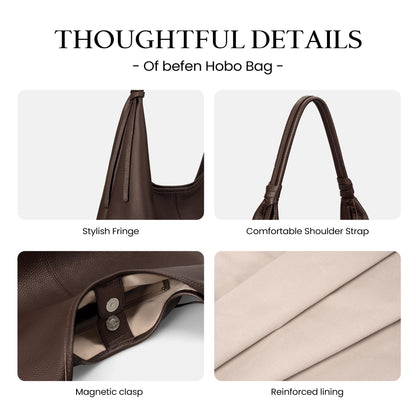 befen Genuine Leather Slouchy Hobo Purses for Women, Casual Hobo Bags Real Top Grain Leather Tote Handbags Women's Coffee Shoulder Satchel for Shopping, Outing, Travel
