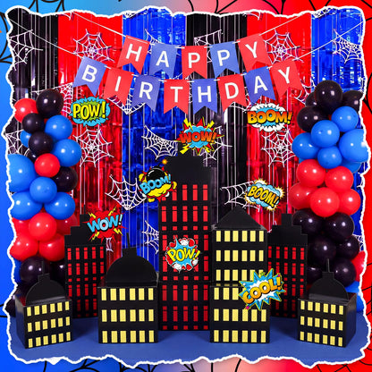 Sliner 47 Pcs Spider Web Birthday Decorations, Tinsel Foil Fringe Curtains Balloons Skyscraper City Boxes set, Spider Party Supplies Red Black Blue Photo Booth Prop Backdrop Streamer, Backdrop Decor