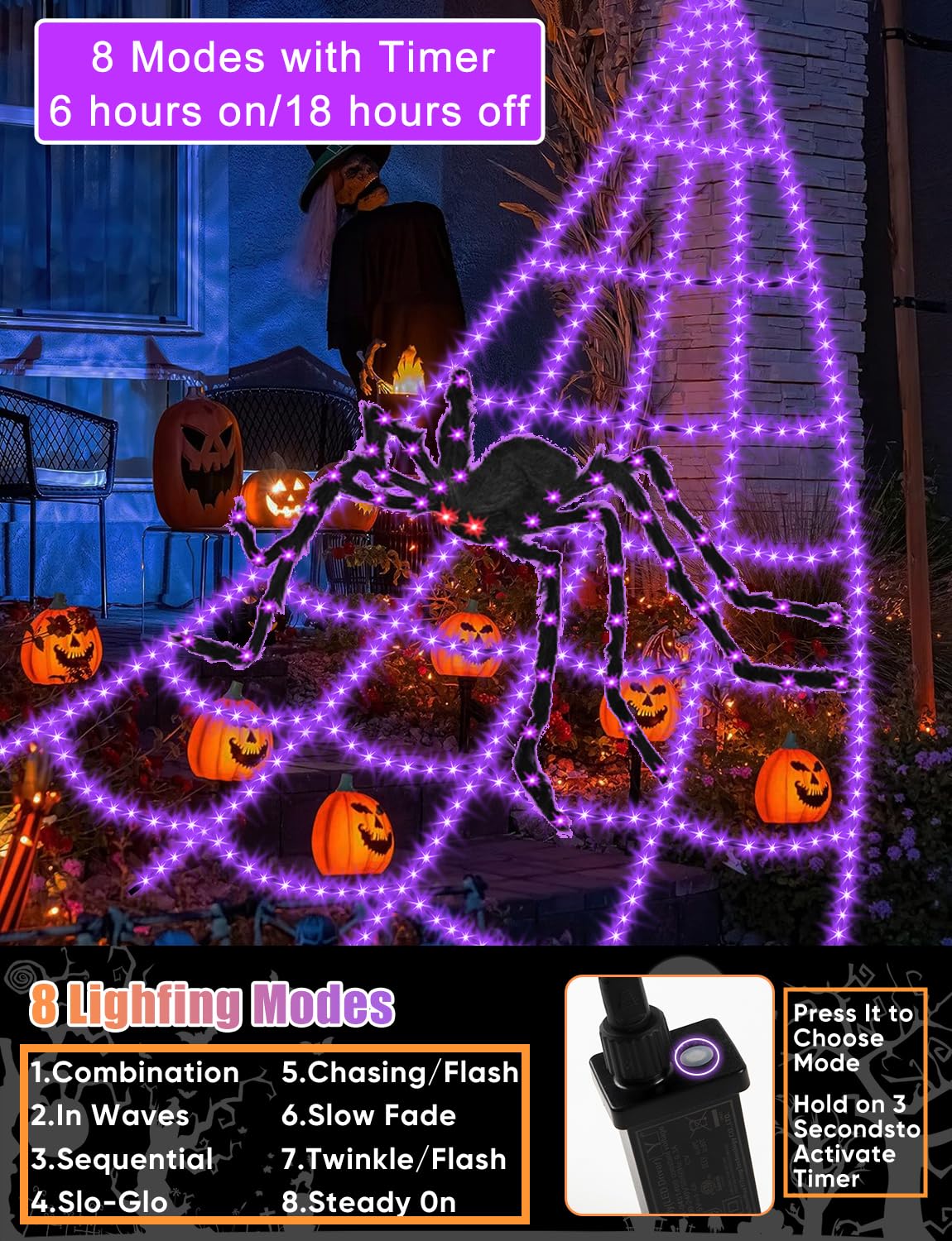 Halloween Decorations Outdoor Spider Web Lights - 16.4Ft Light Up Spider Web with 550 LEDs, Waterproof, 8 Modes Memory Function for Outdoor Yard Halloween Decorations (with Spider)