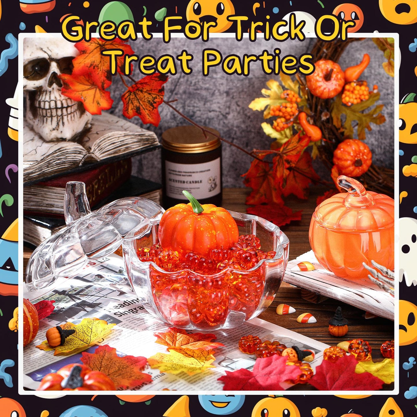 Dandat 2 Pcs Halloween Glass Pumpkin Jar with Lid 2 Sizes Halloween Candy Bowl Cute Snack Jar Crystal Candy Dish for Home Decoration Fall Thanksgiving Centerpieces Wedding Party, Clear and Orange