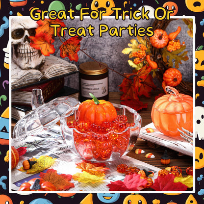 Dandat 2 Pcs Halloween Glass Pumpkin Jar with Lid 2 Sizes Halloween Candy Bowl Cute Snack Jar Crystal Candy Dish for Home Decoration Fall Thanksgiving Centerpieces Wedding Party, Clear and Orange
