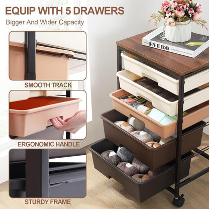 Utility Cart with 5 Drawers,Storage Drawer Cart with Wooden Tabletop and Lockable Wheels,Craft Storage Trolley Cart,5-Tier Rolling Utility Cart on Wheels,Dark Brown