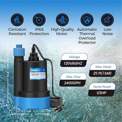 1/3 HP Submersible Water Pump 2400GPH Small Sump Pump Thermoplastic Electric Portable Transfer Utility Pump Clean for Swimming Pool Basement Garden Pond