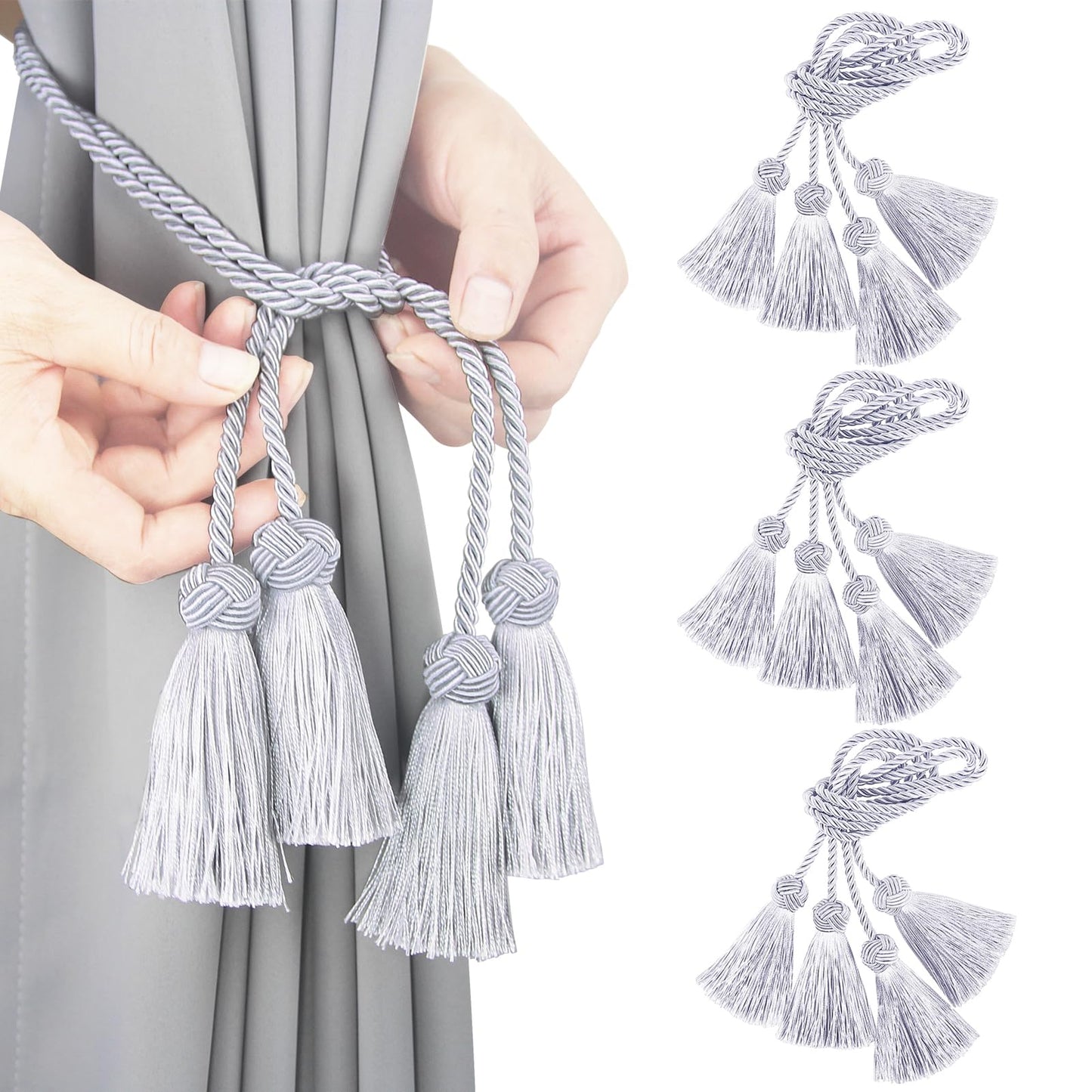 Porlau Elegant Curtain Tiebacks Rope Decorative Curtain Tie Backs for Drapes Hand Woven Window Treatment Holdbacks with Tassel, Grey 6pack