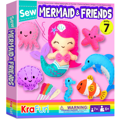 KRAFUN Mermaid Sea Animals Beginner Sewing Kit for Kids Art & Craft kit, Includes 7 Soft Plush Dolls, Instructions & Felt Materials for Learn to Sew, Embroidery Skills, Gift for Girls Educational
